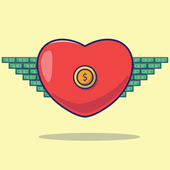 Simple cartoon illustration of a coin heart with dollar bill wings. Business concept