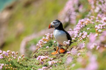 Cute Atlantic puffin (Fratercula arctica) resting on a sunny day on the blurred background