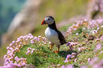 Cute Atlantic puffin (Fratercula arctica) resting on a sunny day on the blurred background