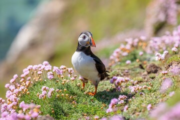 Cute Atlantic puffin (Fratercula arctica) resting on a sunny day on the blurred background
