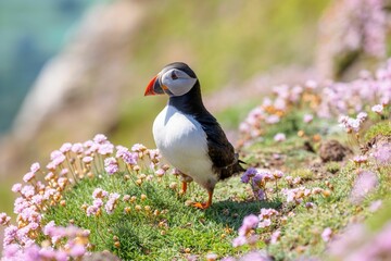 Cute Atlantic puffin (Fratercula arctica) resting on a sunny day on the blurred background