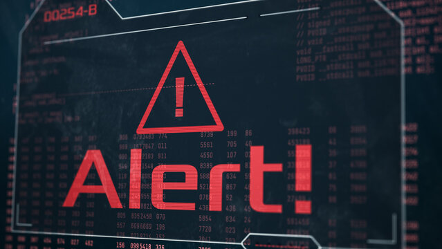 close-up of a dirty computer monitor, random data and code on background, alert message, concept of hacking, malware, cyber attack, or generic danger (3d render)