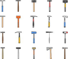 hammer tool construction icons set vector