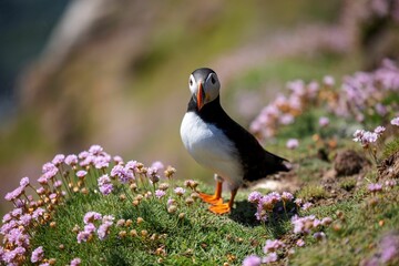 Closeup shot of a cute Atlantic puffin standing on the grass with flowers nearby