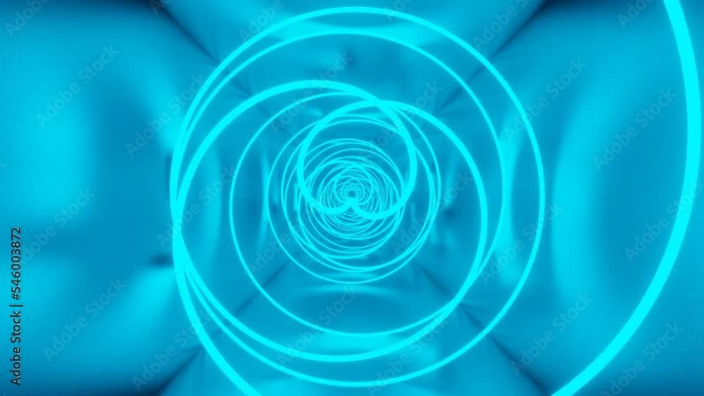 Poster camera flying through an endless tunnel with a glowing neon spiral. looped animation. 3d render