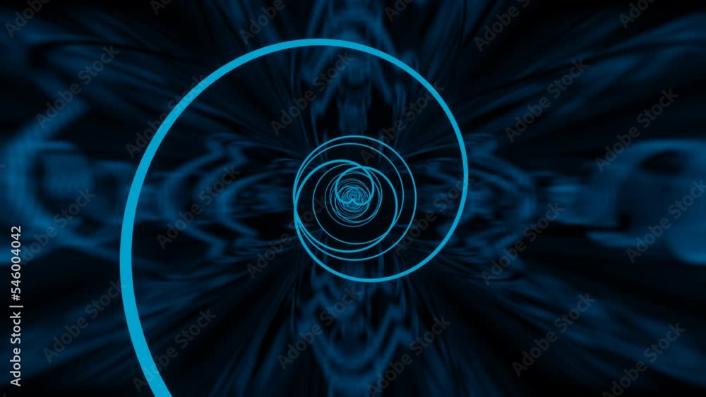 Poster camera flying through an endless tunnel with a glowing neon spiral. looped animation. 3d render