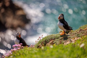 Closeup shot of an Atlantic puffin standing on the rock with a bokeh background