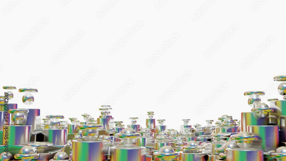 Poster silvery spheres, cubes and tori of various things move up and down. looped animation. 3d render