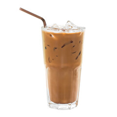 Iced of a coffee cup on a glass cup isolated white background.	