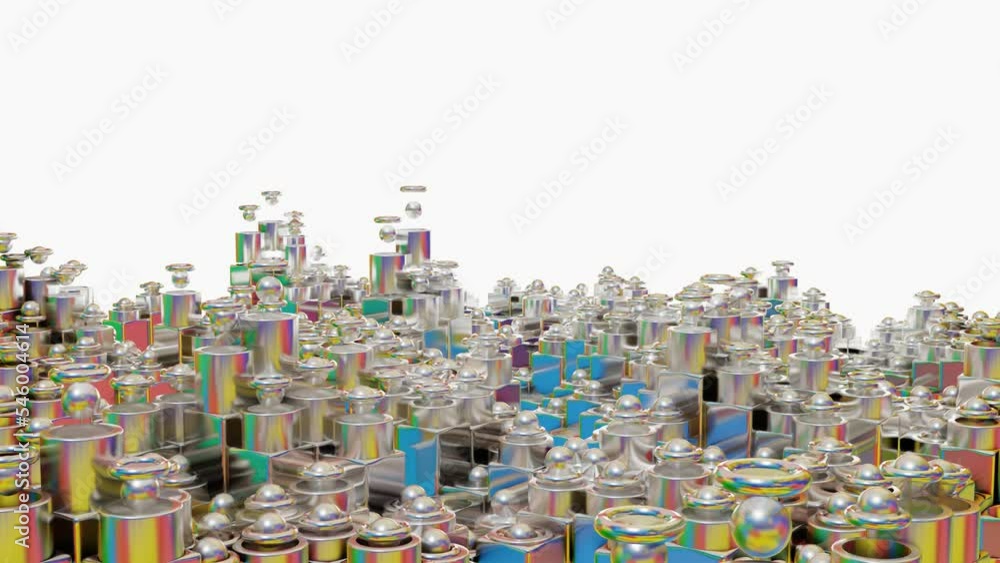Poster silvery spheres, cubes and tori of various things move up and down. looped animation. 3d render