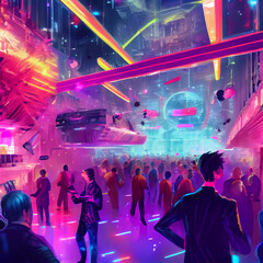 people at a futuristic city party