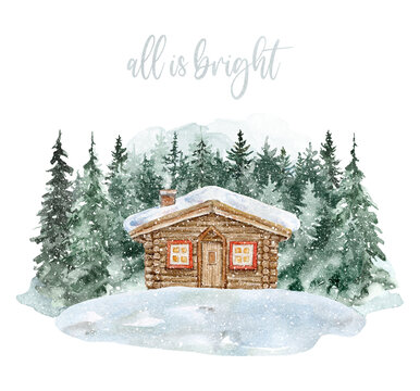 Watercolor winter woodland scene illustration. Log cabin in the snow among pine trees. landscape with a house and evergreen forest.