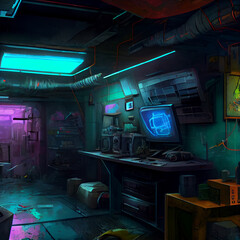 basement of a cyberpunk house