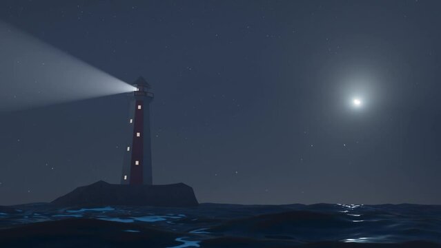 3D rendered animation of a lighthouse in the sea during night time
