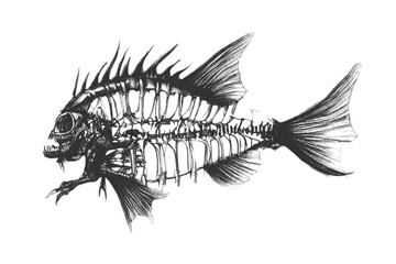 Fish skeleton. Fantastic Sea monster. Doodle sketch. Vector illustration. Isolated on white background.
