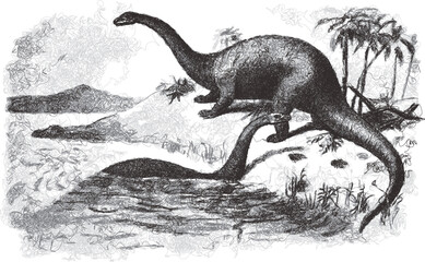 Gigantic dinosaur, brontosaurus excelsus. Doodle sketch. Vintage vector illustration.