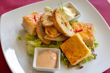 Closeup shot of grilled tofu with lettuce, toasted bread, and sauces.
