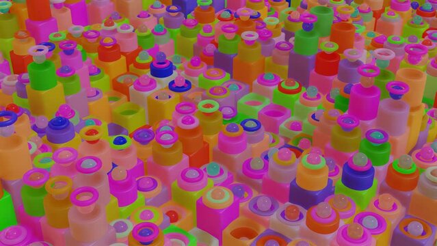 multi-colored spheres, cubes and tori of different things move up and down. Looped animation. 3d render