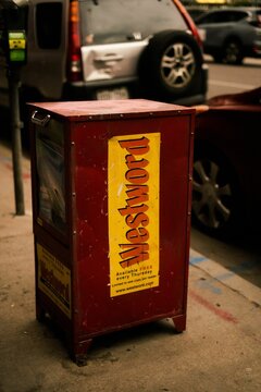 Red Westword Newspaper Box In Downtown Denver In The Middle Of The Street