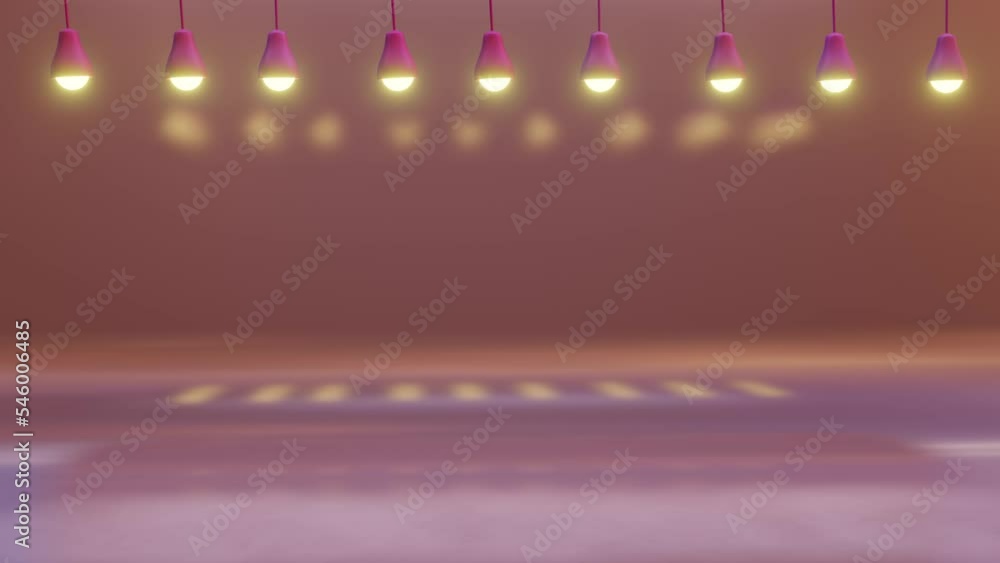 Poster background with empty space. pink chandeliers swinging on wires. looped animation. 3d render