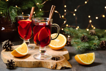 Mulled wine. Traditional christmas, new year and winter drink with red wine, citrus and spices.