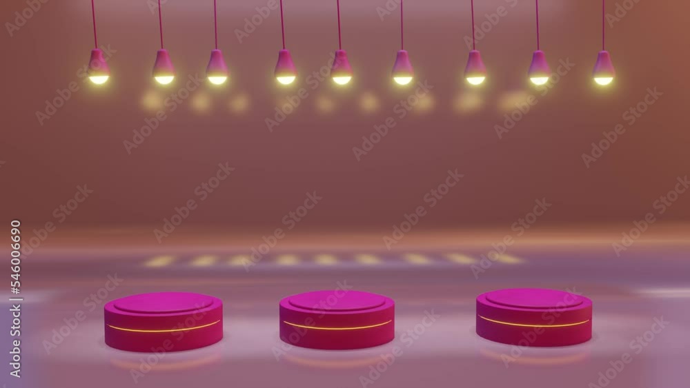 Poster background with empty space. pink chandeliers swinging on wires. looped animation. 3d render