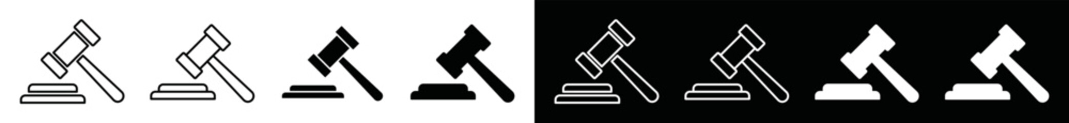 Gavel icon set. Judge gavel icon vector. Auction hammer or judge's gavel in outline and flat symbol illustration. Law or Court tribunal symbol for web or websites
