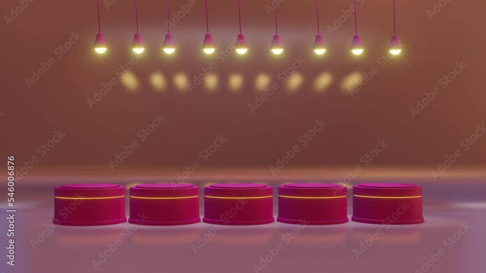 Poster background with empty space. pink chandeliers swinging on wires. looped animation. 3d render