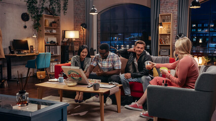Fototapeta na wymiar Television Sitcom. Four Diverse Friends having Fun in Living Room. Funny Sketch of Girlfriend Offering Carrots to Boyfriend, But He Wants Pizza. TV Comedy Show on Network Channel, Streaming Service.