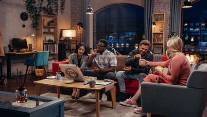 Television Sitcom Concept. Four Diverse Friends having Fun in Living Room. Funny Sketch of One Couple Eating Pizza the Other Dieting. Comedy Series Broadcasting on Network Channel, Streaming Service.