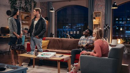 Fototapeta na wymiar Television Sitcom about Two Couples. Four Diverse Friends Talking in Living Room, Deciding to Go Out. Clever Dialogue Comedy Sketch. Show Broadcasting on Network Channel, On Demand Streaming Service.