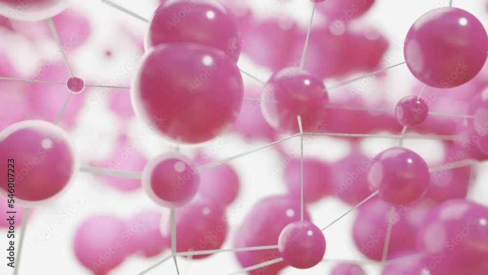 Poster abstract background of moving pink spheres interconnected. looped animation. 3d render