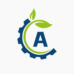 Letter A Gear Leaf Logo Design Vector Template. Leaf And Gear Symbol