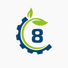 Letter 8 Gear Leaf Logo Design Vector Template. Leaf And Gear Symbol