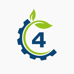 Letter 4 Gear Leaf Logo Design Vector Template. Leaf And Gear Symbol
