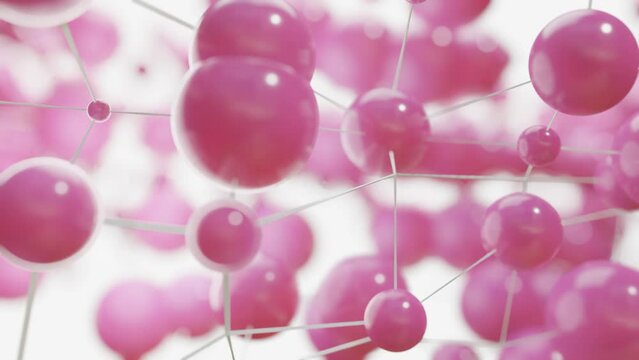 abstract background of moving pink spheres interconnected. Looped animation. 3d render