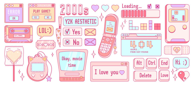 Big cute sticker pack in trendy retro y2k style. Gamer kawaii elements set. Old game technology. Glamour 2000s. Nostalgia for 1990s -2000s.
