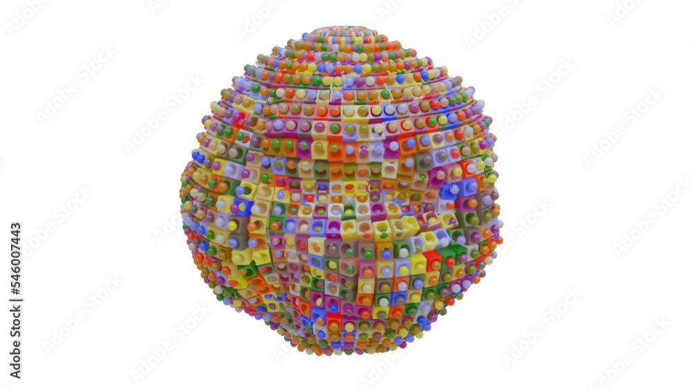Poster abstract deformable figure from multi-colored cubes and spheres on a white background. looped animat