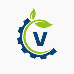 Letter V Gear Leaf Logo Design Vector Template. Leaf And Gear Symbol