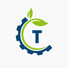 Letter T Gear Leaf Logo Design Vector Template. Leaf And Gear Symbol