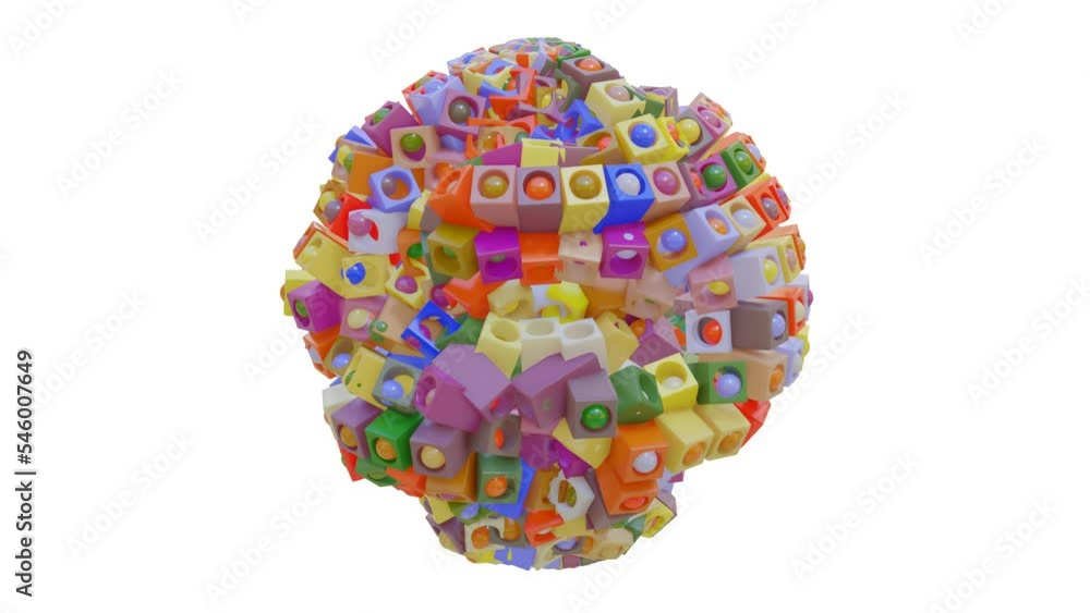 Poster abstract deformable figure from multi-colored cubes and spheres on a white background. looped animat
