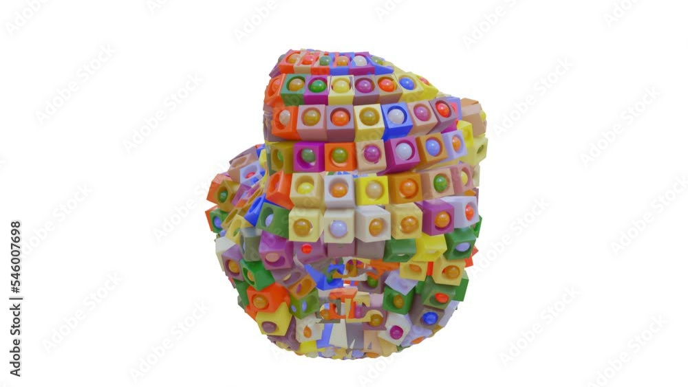 Poster abstract deformable figure from multi-colored cubes and spheres on a white background. looped animat