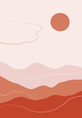 Minimalistic landscape of desert with   hills and sun. Illustration in flat style. Perfect for wall art in the style of mid century modern