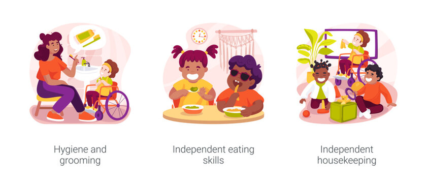 Children with disabilities self-care skills isolated cartoon vector illustration set