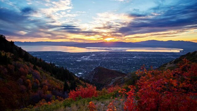 Sunset Timelapse over Utah Valley during the Fall looking towards Utah Lake from the top of Little Rock Canyon in Provo Utah.