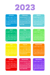 Colorful Pocket or wall Vertical calendar for 2023. 12 months. All colors of rainbow. Week start Sunday. Corporate design planner template. Color Vector illustration