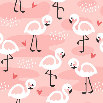 Kawaii kids pink flamingo baby seamless pattern background for children fabric and textile. Cute animal vector design.