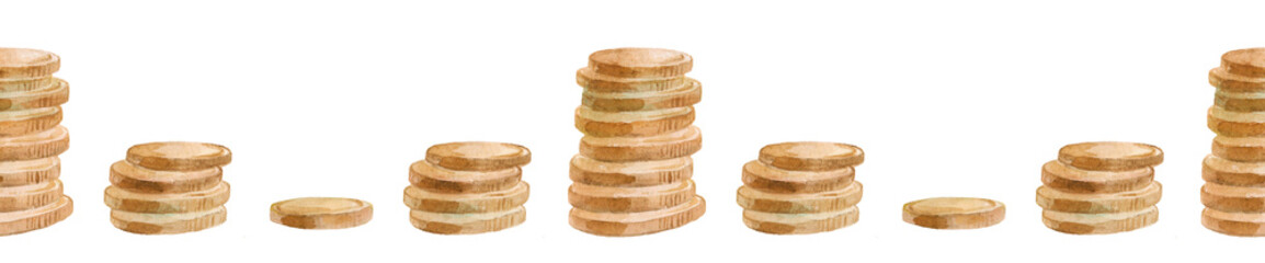 Watercolor seamless pattern golden coin. Money symbol. Stacks of metal coins. Treasure. Hand drawn illustration on white background.