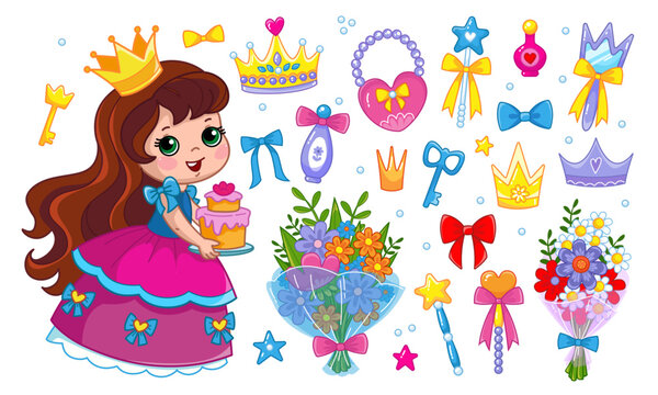 A little princess in a pink fluffy dress is holding a cake. Set of accessories, bags, crown, bouquet of flowers, beads, jewelry, perfume, cosmetics, mirror. Isolate vector illustration.