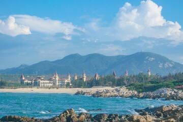 Beautiful coastal landscape under a cloudy sky in Hainan, China